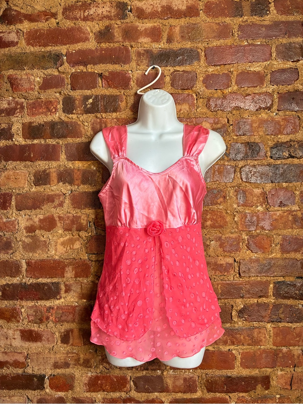 Vintage Pink Sheer Polka Dot Chemise Slip with Rose Accent Sz. Medium